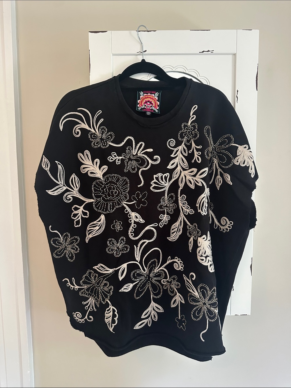 Johnny Was Black Floral Embroidered Crewneck Sweater Poncho
